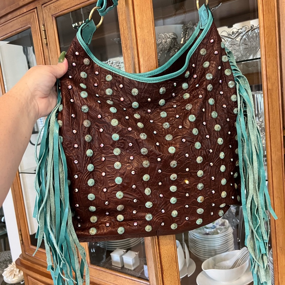Brown and Turquoise Fringe Women Bag